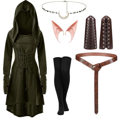 LIEOLGOH Mittelalter Kleidung Damen, Renaissance Kostüm Kleid mit Kapuze, Gothic Elfen Damen, Halloween Kostüm mit Armschützern Gürtel Elfenohren Haarschmuck Strümpfe Zubehör (2XL) von LIEOLGOH
