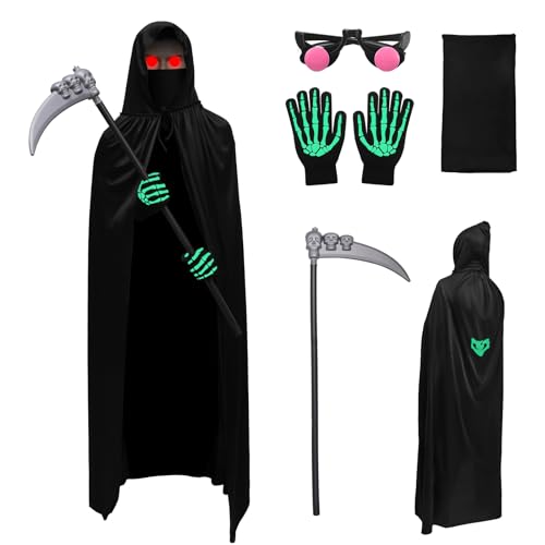 LIFEJXWEN 5Pcs Halloween Umhang Set mit Kapuze, Halloween Sensenmann Kostüm, 140cm Schwarzer Umhang mit Kapuze Cape, mit Sense, Maske, Handschuhe und leuchtende Gläser LIFEJXWEN 5Pcs Halloween Umhang Set mit Kapuze, Halloween Sensenmann Kostüm, 140cm Schwarzer Umhang mit Kapuze Cape, mit Sense, Maske, Handschuhe und leuchtende Gläser von LIFEJXWEN