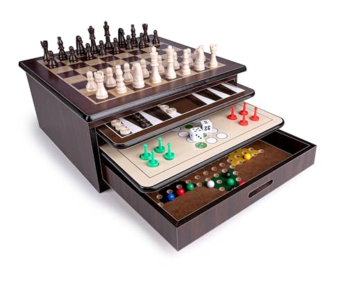 Lifetime Games Spielebox 10-in-1 - Spiele für Erwachsene - Schach - Dame - Backgammon - In Holzaufbewahrungsbox von LIFETIME