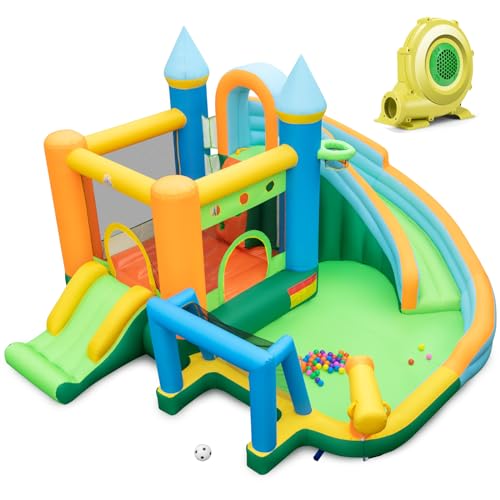 LIFEZEAL Aufblasbare Hüpfburg, Wasserpark mit Rutschen, Planschbecken, Kletterwand, Wasserwerfer, Basketball, Fußball, 50 Bällen & bunten Ringen, Wasserrutsche für Kinder ab 3 Jahre (mit Gebläse) von LIFEZEAL