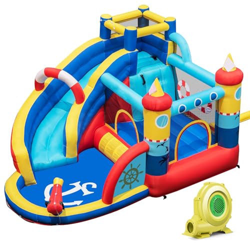 LIFEZEAL Aufblasbare Hüpfburg für Kinder von 3-12 Jahren, Wasserpark mit Sicherheitsnetz, Rutsche, Trampolin, Pool, Wasserkanone, für drinnen und draußen, Segelthema (mit Gebläse) von LIFEZEAL