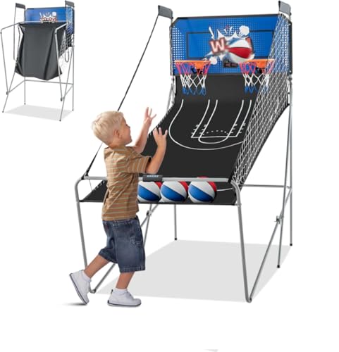 LIFEZEAL Basketball-Arcade-Spiel, Faltbar Basketballautomat für 2 Personen, Elektronische Basketballwurfmaschine mit 2 Basketballkörbe, 8 Spielmodi & Zähler, 4 Bälle, 1 Pumpe (Blau + Schwarz) von LIFEZEAL