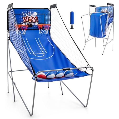 LIFEZEAL Elektrischer Basketballautomat, Baskeltballständer klappbar mit 4 Bällen & Luftpumpe, Arcade Automat mit 8 Spielmodi, Basketball Automat für 2 Spieler, Sport für drinnen & draußen (Blau) von LIFEZEAL
