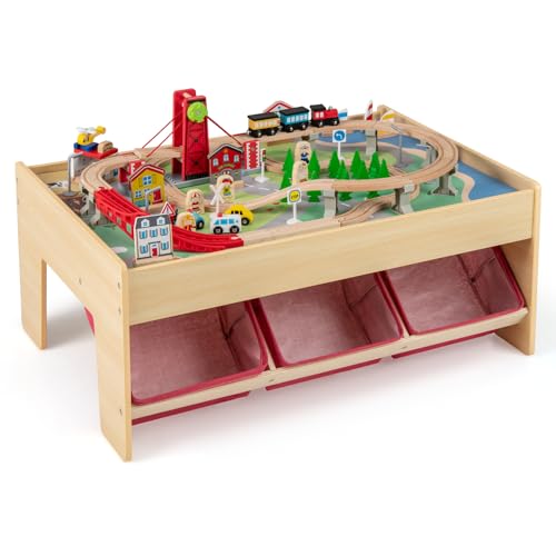 LIFEZEAL Holzeisenbahn Set, Kinder Spieltisch mit Aufbewahrungsbox, Multifunktionaler Aktivitätstisch mit Fahrzeuge, Gleise und Zubehör, Bausteintisch für Jungen & Mädchen, 92 x 64 x 40 cm von LIFEZEAL