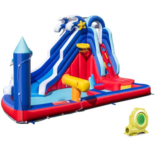 LIFEZEAL Hüpfburg mit Delfin-Thema, Springburg mit Rutsche & Kletterwand, 2 Pools & Basketballkorb, für Kinder von 3-10 Jahren, 413 x 300 x 235 cm (mit Gebläse) von LIFEZEAL