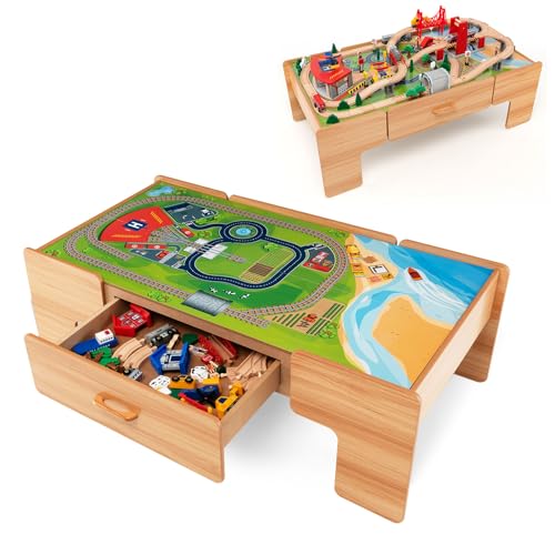 LIFEZEAL Spieltisch mit Holzeisenbahn, 100-teiliges Kinderspielzeug Set Holz mit Schublade, Multifunktionstisch für Kinder 3+ Jahre zum Spielen, Basteln, Bauen (122 x 62,5 x 40 cm) von LIFEZEAL