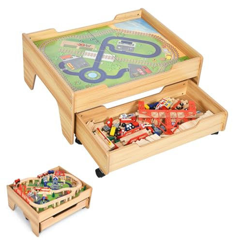 LIFEZEAL Spieltisch mit Holzeisenbahn, 100-teiliges Kinderspielzeug Set Holz mit Schublade, Multifunktionstisch für Kinder 3+ Jahre zum Spielen, Basteln, Bauen (78 x 63 x 33 cm) von LIFEZEAL