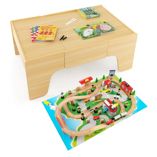 LIFEZEAL Spieltisch mit Holzeisenbahn, 84-teiliges Spielzeug-Set mit Schienen, Eisenbahnstrecke mit Autos, Hubschrauber & Flugzeug, Spielzeug Kindertisch mit Schublade und Abnehmbarer Platte LIFEZEAL Spieltisch mit Holzeisenbahn, 84-teiliges Spielzeug-Set mit Schienen, Eisenbahnstrecke mit Autos, Hubschrauber & Flugzeug, Spielzeug Kindertisch mit Schublade und Abnehmbarer Platte von LIFEZEAL