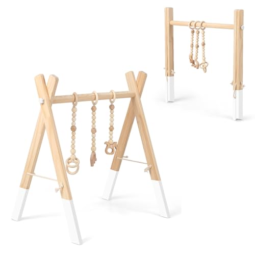 LIFEZEAL Spieltrapez Holz, Babyspielgerät Mit 3 Spielzeugen, Holzspielzeug, Turnhalle Klappbar für Babys Ab 3 Monate, Kinderzimmer (Weiß) von LIFEZEAL