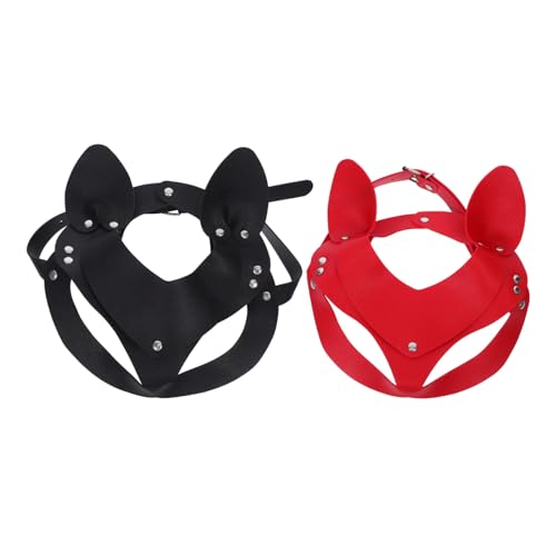 LIFKOME 2 Stück Punk Cat Ear Masken aus leichtem PU-Material für Erwachsene Halbe Gesichtsmasken mit auffälligem Design für Halloween Cosplay Maskenball in Schwarz und Rot von LIFKOME
