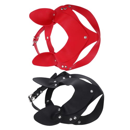 LIFKOME 2 Stück Punk Katzenmaske aus Pu- Halbe Gesichtsbedeckung mit Katzenohren Leichte und Langlebige Maske für Maskenball Cosplay Halloween Schwarz und Rot von LIFKOME