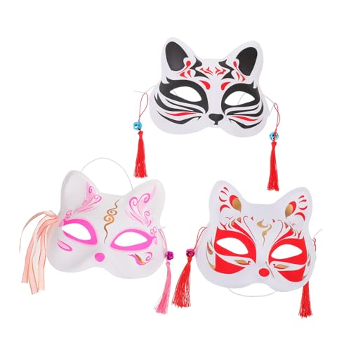 LIFKOME 3 Stück Handbemalte Japanische Fuchs Katzen-halbgesichtsmasken für Cosplay Party und Festival Leichtes Tier-motiv Komfortabel für Erwachsene für Halloween und Maskerade von LIFKOME