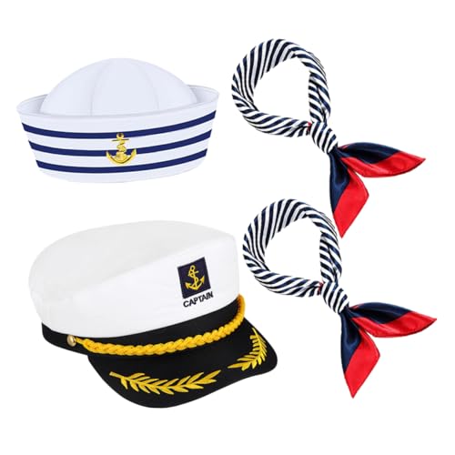 LIFKOME 4 Stück Teiliges Yacht Kapitän Kostüm Set mit Verstellbaren Kapitänsmützen und Seidenschals Nautische Verkleidung für Herren Damen für Halloween Mottopartys und Bühnenauftritte von LIFKOME