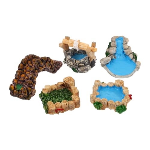 LIFKOME 5 Stück Miniatur Retro Resin Gartendekor mit Vintage Wasserbrunnen Fluss Holzpool Grasbeet und Steinbogen für DIY Mikro Gartenornamente von LIFKOME