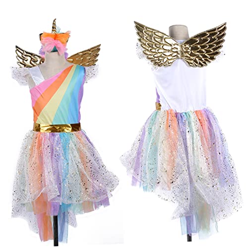 LIFKOME Unicorn Kostü Für ädchen Buntes Einhorn Kleid Für Weihnachten Halloween Und Partys XL 130 Inklusive Kopfschmuck Und Flügel Festliche Kinderkleidung von LIFKOME