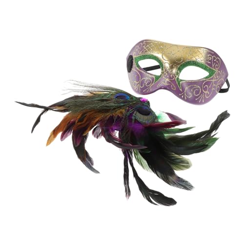 LIFKOME Karneval Halbgesichtsmaske mit Abnehmbaren Pfauenfedern Dreifarbiger Gold Grün Farbverlauf Weiches Material Bequeme Maskerade Maske für Mardi Gras Abendball und Party von LIFKOME