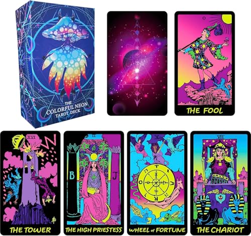 Buntes Neon-Tarotkarten-Deck mit Anleitung, Tarotkarten für Anfänger, 78 Tarot-Deck, mit Bedeutungen auf ihnen von LIGHTOF JUSTICE