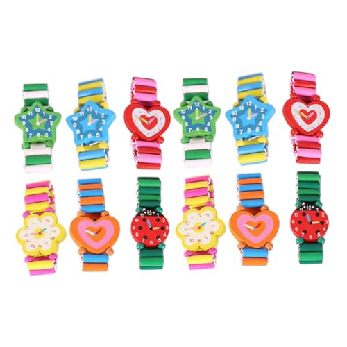 LIGIGWASH 12 Stück Teiliges Bunte Holzspielzeug Armbanduhren für Niedliche Cartoon Designs Leichte Tragbare Lernspieluhren Kreative Partygeschenke für Mädchen und Jungen von LIGIGWASH