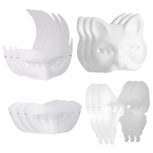 LIGIGWASH 12 Stück Teiliges Katzen Masken aus Papier Weiße Blanko Masken zum Bemalen Vielseitige Kostümmasken mit Schmetterlings und Tierdesigns Universalgröße für Halloween Party Cosplay von LIGIGWASH