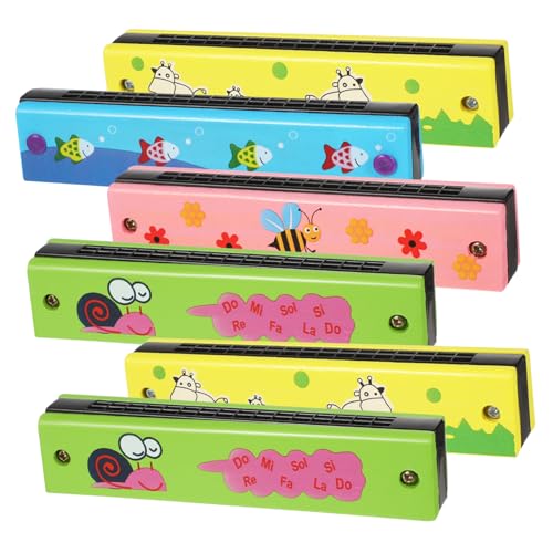 LIGIGWASH 6 Stück Teiliges Mundharmonika aus Holz Zweireihige Spielbare Kinderharmonikas mit Niedlichen Cartoon Motiven Sicher und Leicht zu Halten für Anfänger Schüler und Partygeschenke von LIGIGWASH