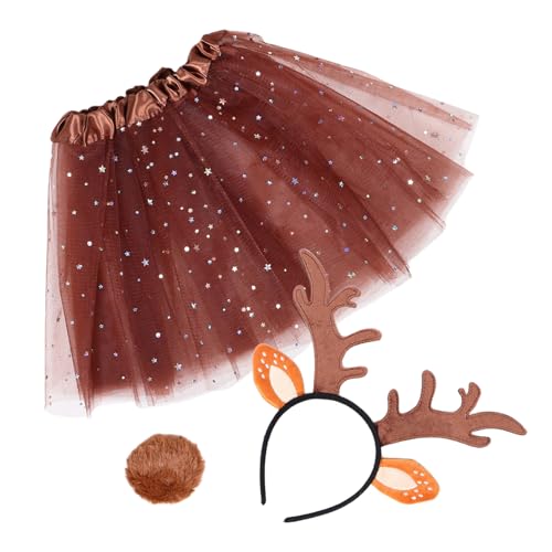 LIGIGWASH Cosplay Kostüm Mädchen Weiches Plüsch Geweih Stirnband Tierohren Haarreif Realistischer Hirschschwanz Tüllrock für Tierparty Halloween Bühnenauftritt Fotoshooting von LIGIGWASH