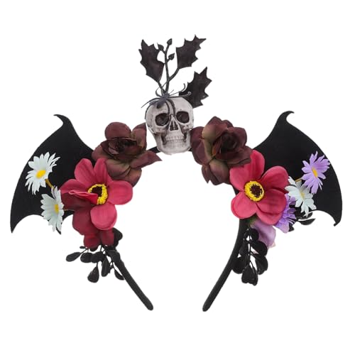 LIGIGWASH Day Of The Dead Halloween Haarreif mit Verstellbarer Leichter Mexikanischer Blumenkranz mit Schädel und Fledermausflügeln Kopfschmuck für Damen Cosplay und Partyaccessoire von LIGIGWASH