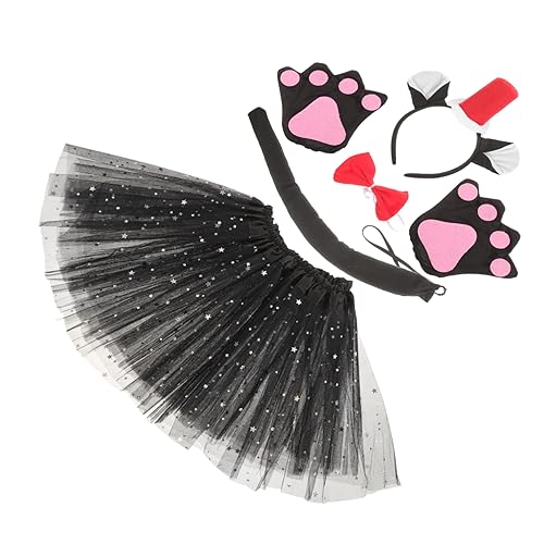 LIGIGWASH Katzenohren Stirnband Kostümset für Halloween mit Schwarzem Tutu Roten Hut Handschuhen und Fliege für Tier Themenpartys Cosplay und Fotografie von LIGIGWASH
