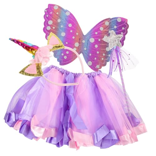 LIGIGWASH Mädchen Kostüm Set Tüllrock mit Farbigen Flügeln Einhorn Haarreif und Zauberstab Leichtes Cosplay Outfit für Bühnenauftritte Geburtstagsfeier und Karneval Langlebiges von LIGIGWASH