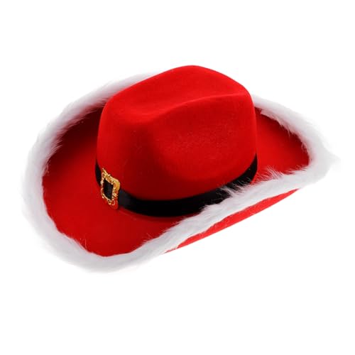 LIGIGWASH Roter Western Cowgirl Hut mit Weißer Krempe und Festlichen Federn Weihnachtsmann Stil Kuscheliges Weihnachts Accessoire für Damen und Herren für Xmas Partys und Western Kostüm von LIGIGWASH