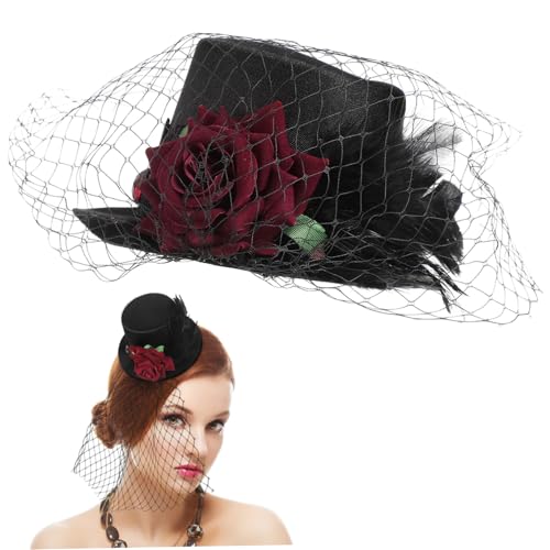 LIGIGWASH Vintage Stil Roter Rosen Mesh Zylinderhut mit Satin Leichter Damen Fascinator Haarclip für Halloween Party und Cosplay Dekoration von LIGIGWASH