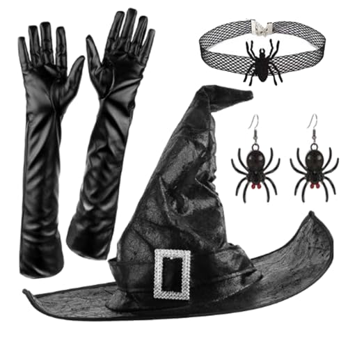 Hexenkostüm für Damen, gerüschter Zaubererhut, Ohrringe, lange Handschuhe, Choker, Halloween, Glocke, Erwachsene, Urlaub, Cosplay, Party, Anzug, Halloween-Kostüm von LIGSLN