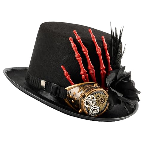 LIGSLN Großer Hut im viktorianischen Punk-Stil mit Brille, Skelett-Hand, für Karneval, Halloween, Kostüm, Event, Kopfbedeckung, Skelett, Hand-Hut von LIGSLN