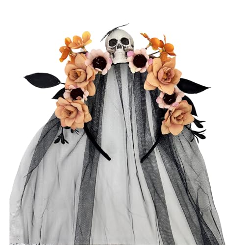 LIGSLN Halloween-Hexen-Haarband mit Totenkopf-Blumen-Designs, Tüllschleier für Tag der Toten, Kostümzubehör, Festival-Requisiten, Halloween-Zubehör von LIGSLN