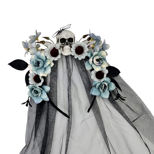 LIGSLN Halloween-Hexen-Haarband mit Totenkopf-Blumen-Designs, Tüllschleier für Tag der Toten, Kostümzubehör, Festival-Requisiten, Halloween-Zubehör von LIGSLN