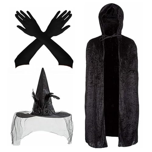 LIGSLN Hexenumhang, Hut und Handschuh-Set, Halloween-Kostüm, Umhang mit Kapuze, Umhang für Teenager, Erwachsene, Halloween, Hexenhut LIGSLN Hexenumhang, Hut und Handschuh-Set, Halloween-Kostüm, Umhang mit Kapuze, Umhang für Teenager, Erwachsene, Halloween, Hexenhut von LIGSLN