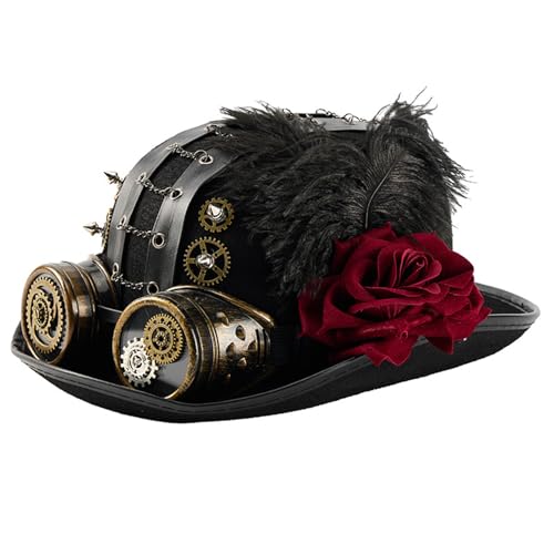LIGSLN Unisex Punk Jazzy-Hut mit industrieller Zahnradkette und Brille, dunkle Rose, Blume für Cosplay und Themenveranstaltungen, Gothic, Halloween, Hut mit Brille von LIGSLN