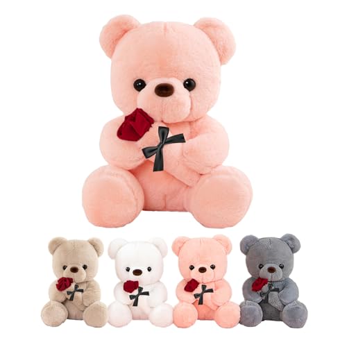LIHIQIYA Rosa Teddybär mit Rosen, 35cm Plüschtier mit Rose, Plüsch-Bär Teddybären Rose Stofftier Spielzeug Dekozimmer, Süße Kuscheltiere Hochzeitstag Jubiläum Romantisch Geschenke für Frauen Mädchen von LIHIQIYA