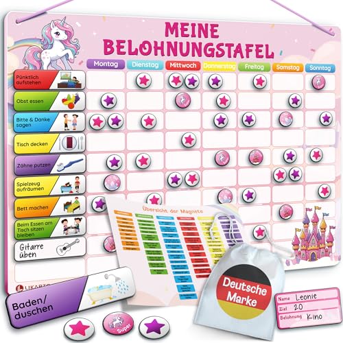 LIKARTO Belohnungstafel für Kinder – mit 280 Magneten – [DAS ORIGINAL] – Belohnungssystem für Verantwortung - Montessori Aufgabenplaner & Magnettafel – ADHS Hilfsmittel – individuell anpassbar – Pink von LIKARTO