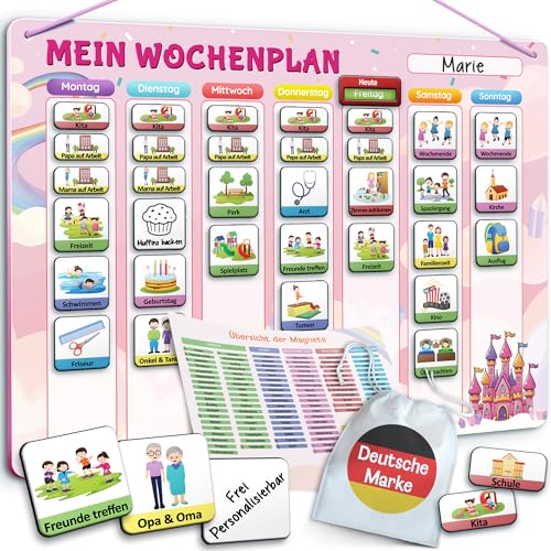 LIKARTO Wochenplaner Kinder – [DAS ORIGINAL] – Montessori Magnettafel inkl. 194 Magnete & Magnetischer Rückseite – Aufgabentafel Kinder – Lernhilfe zur Selbstständigkeit & Wochenplanung – Pink von LIKARTO