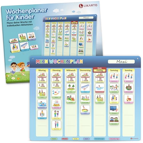 LIKARTO Wochenplaner für Kinder - Montessori Magnettafel inkl. 198 Magnete & Kordel - Komplett beschreib- und abwischbar - Förderung der Selbstständigkeit von LIKARTO