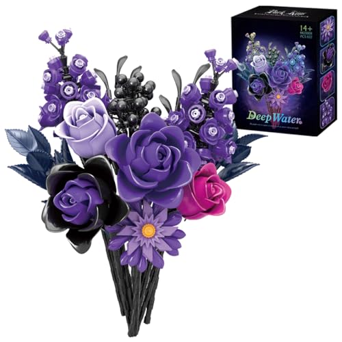 LIKLIKLINK Blumen Bausteine Bausatz, Lila Künstliche Rosen Modellbausatz, Botanische Bausteine künstliche Lila Rosen Blumen für Heimdekoration Muttertag Geburtstagsgeschenke für Mädchen Erwachsene von LIKLIKLINK