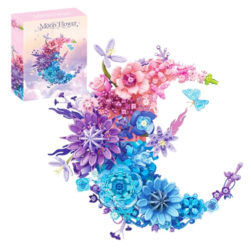 LIKLIKLINK Mond Blumen Bausteine Set, 977 Teile Klemmbaustein Set zur Wanddekoration, Künstliche Blume Bauklötze Bausatz Spielzeug für Home Deko Geschenk für Erwachsene Freundin Frauen Kinder von LIKLIKLINK