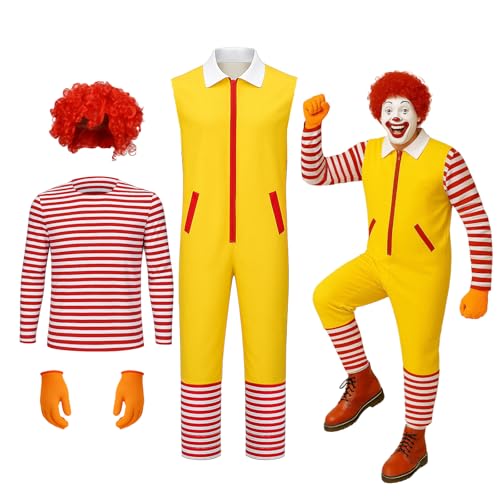 LIKUNGOU Clown M Cosplay Kostüm Gelber Overall Rot-Weiß Gestreiftes T-Shirt Perücke Halloween Weihnachten Outfit Erwachsene (M) von LIKUNGOU