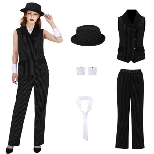 LIKUNGOU Damen Mafia Nadelstreifen Kostüm 1920er Gangster Fancy Dress Set Outfit Halloween Karneval Party Anzug (S) von LIKUNGOU