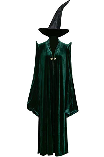 LIKUNGOU Damen McGonagall Cosplay Kostüm Magischer Zauberer Robe mit Spitzhut für Frauen Halloween Samt Grün (Large) von LIKUNGOU