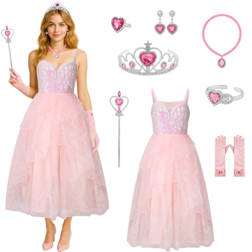 LIKUNGOU Glinda Kostüm für Damen Rosa Pailletten Tüll Puffkleid mit Zauberstab Krone Accessoires Halloween-Outfit (M) von LIKUNGOU