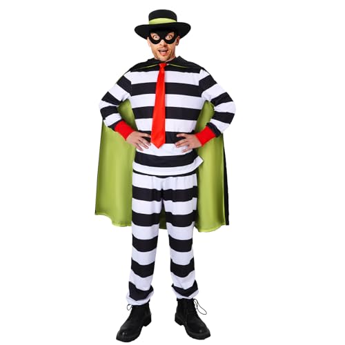LIKUNGOU Hamburger Räuber Kostüm Schwarzer und weißer Streifen Outfit Maske Cape Halloween Burger Dieb Fancy Dress Cosplay Anzug (M) von LIKUNGOU