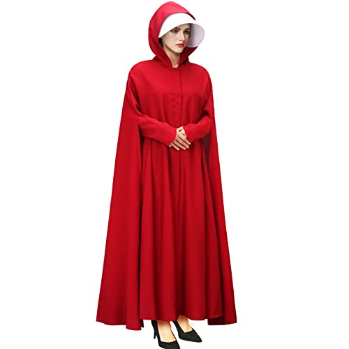 LIKUNGOU Handmaids Tale Offred Kostüm Damen Roter Umhang mit Kapuze und weißer Haube, Halloween-Cosplay-Outfit (XS) von LIKUNGOU