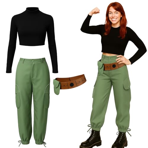 LIKUNGOU Kim Kostüm Outfit für Damen Schwarzes hochgeschlossenes Crop Top Grüne Cargohose für Cosplay und Halloween (M) von LIKUNGOU
