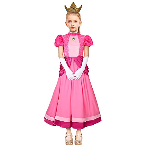 LIKUNGOU Mädchen Prinzessin Peach Kostüm Rosa Kleid Puffärmel Tiara für kleine Mädchen Kinder Halloween Cosplay Fancy Dress (Peach, 120) von LIKUNGOU